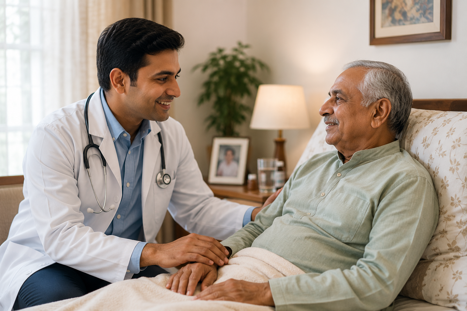 Indian doctor reviewing a structured home-care summary with a patient and their family member
