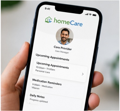 Indian household caregiver checking medicine timings on the phone alongside family